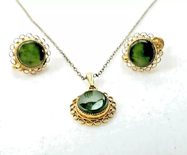 12k Gold Filled Jade Pendant Necklace & Screw Back Earrings Vintage Jewelry Set