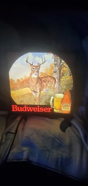 Vintage BUDWEISER Beer Buck Hunting Lighted Bar Sign rare Deer display 18x18 htf