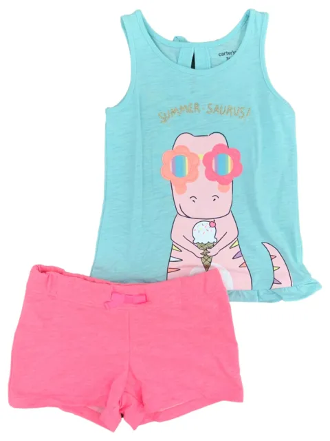 Carters Toddler Girls Aqua Blue Summer-Saurus Dino Top & Pink Shorts 3T