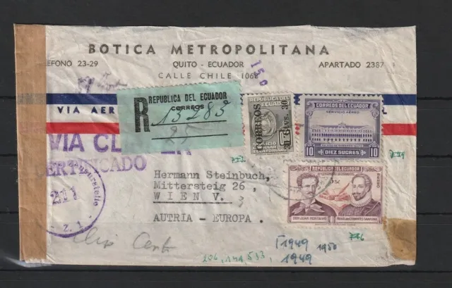 Ecuador Luftpost R-Brief über Washington nach Wien, Zensur 1951 #1095526