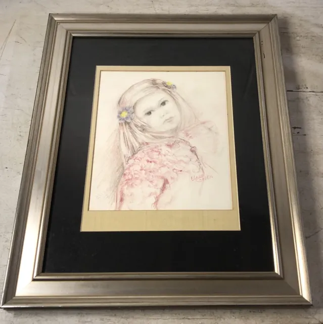 Original Elaine Green Pencil Sketch Drawing Colored Cute Little Girl Elise Frame