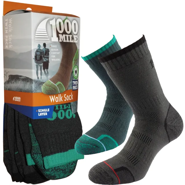 1000 Mile Walking 3 Season Outdoor Hiking Single Layer Socks Mens Twin Pack