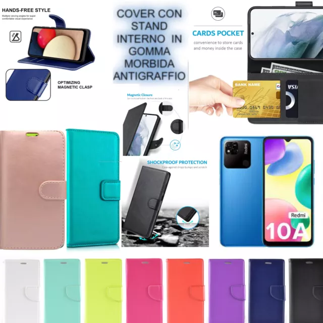 Cover A Libro Per Xiaomi Redmi 10A con Tasche porta Card wallet tpu In Eco Pelle