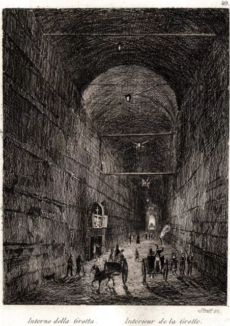 Napoli Capitale: Grotta di Posillipo. Audot. Steel engraving + Passepartout.1835