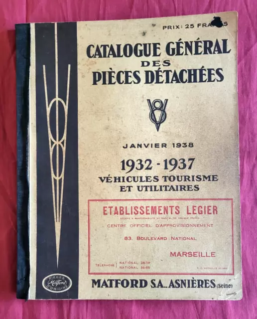 MATFORD  V 8 véhicules tourisme ... catalogue des pièces détachées  1932-1937