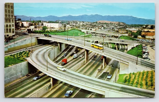 1950s~Los Angeles CA~Harbor Freeway~Sixth Street~Aerial View~Vintage Postcard
