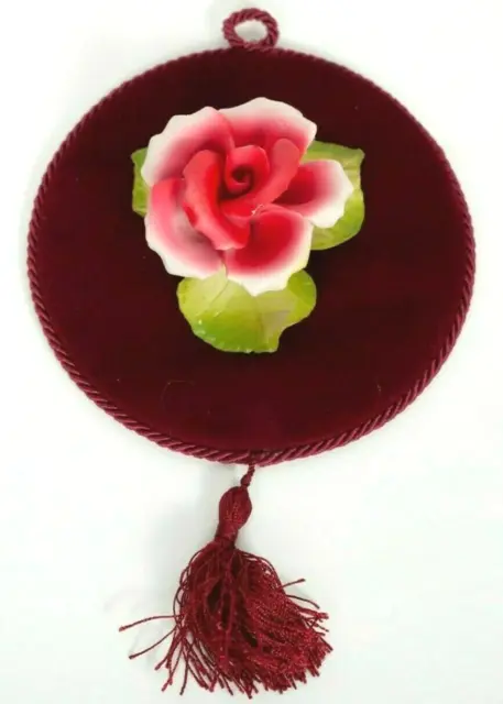 Capodimonte Wall Hanging Plaque Red Porcelain Rose Flower Velvet Tassel Vintage