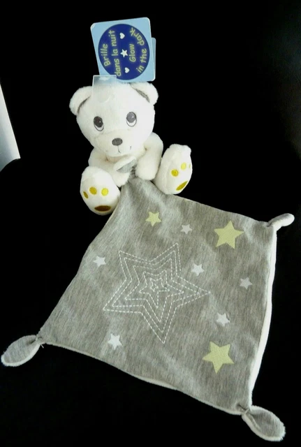90. Doudou Peluche Simba Ours Blanc Mouchoir Gris Etoiles Phosphorescente Neuf