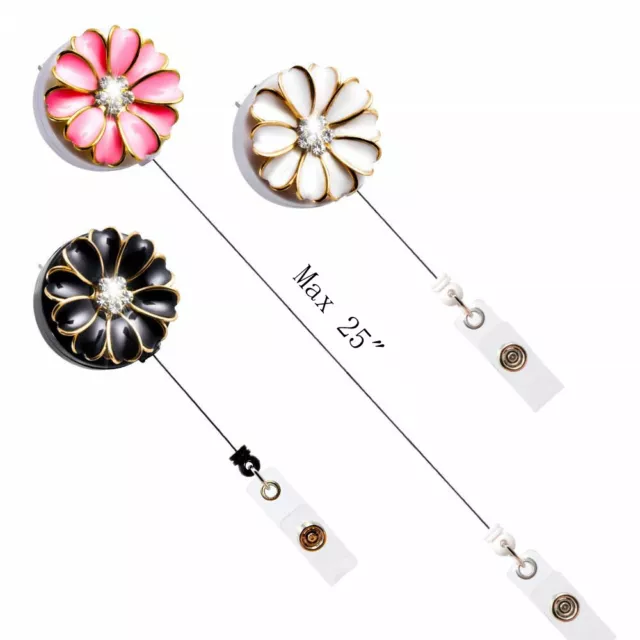 Bling Flower Retractable ID Name Badge Reel Alligator Clip (Black Pink White) 2