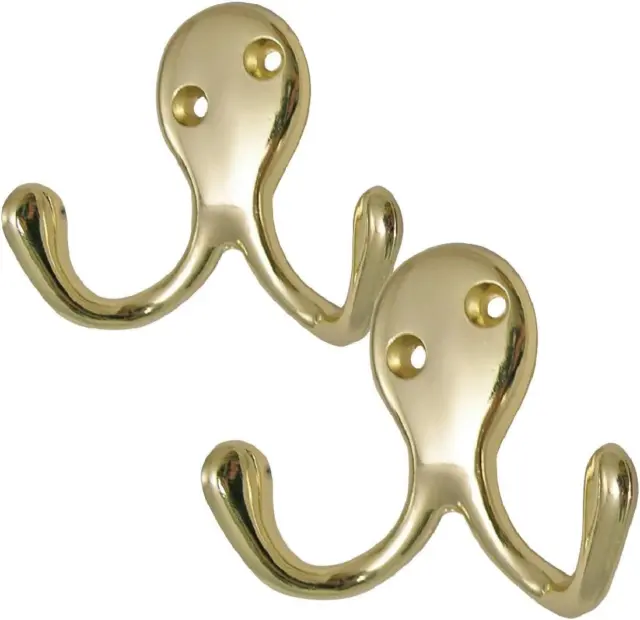 2 Pack of Brass Double Coat Hooks Door & Wall Robe Dress Garment Hangers