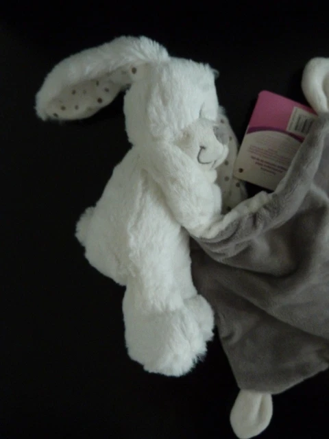 *. Doudou Peluche Pommette Lapin Blanc Mouchoir Gris Pois  Bebe Etiquette Neuf 3