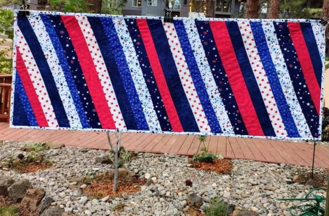 Handmade Quilted Table Runner July 4th Patriotic American Strip Stars Red Blue
