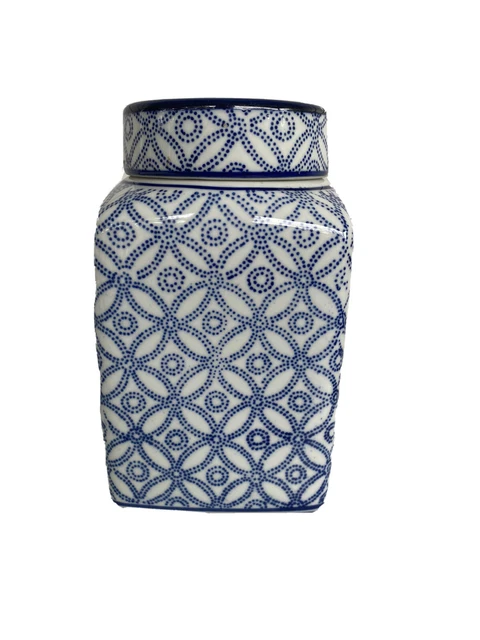 Decorative Ceramic Ginger Jar with Lid, Blue and White
