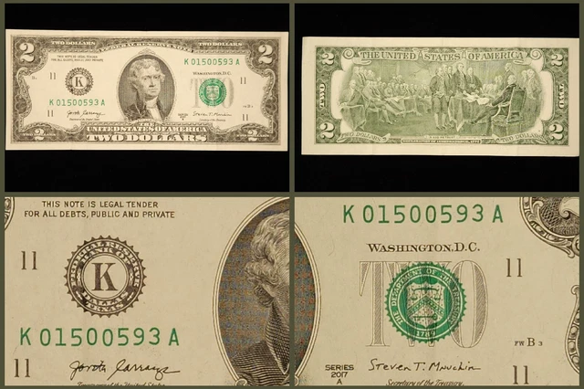 2017A Mini Bookend '5005' With Double (0's) Low-ish Serial Number $2 Dollar Bill
