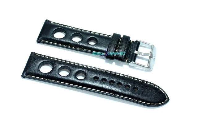 Cinturino per orologio vera pelle liscia forato rally nero ansa 20mm watch strap