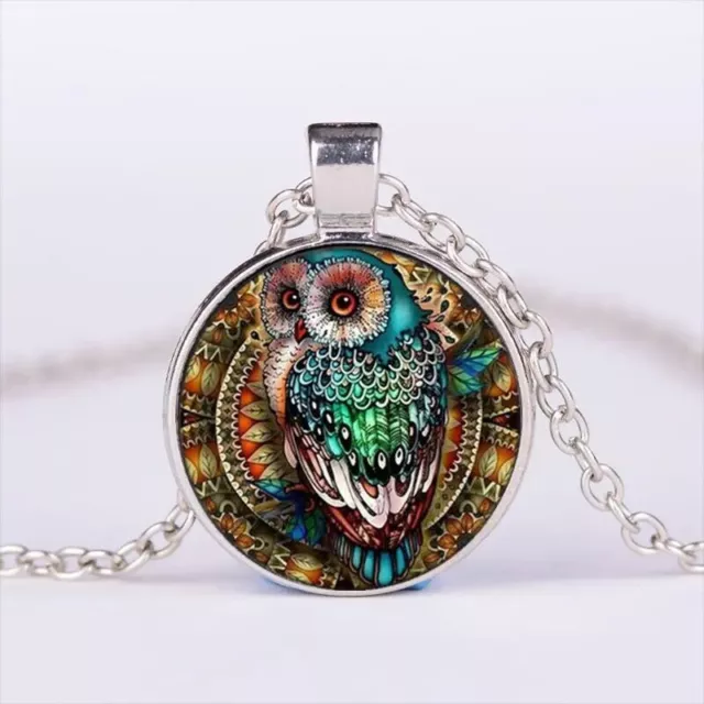 Men Women Vintage Silver OWL Cabochon Silvery Glass Chain Pendant Necklace Gift