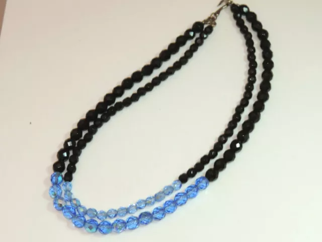 Bleu Vintage Noir à Facettes Verre Cristal Perle Double Strand 16 " Collier Ci