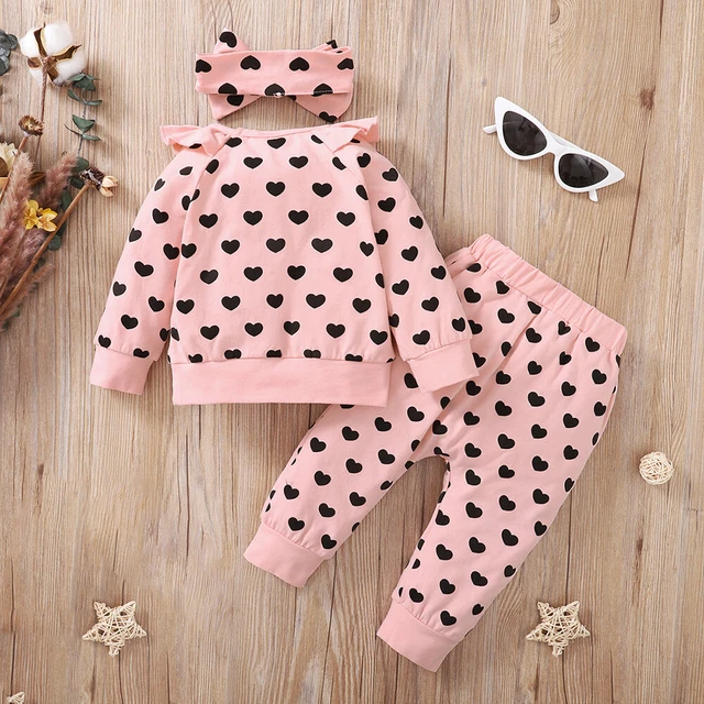 Kids Baby Girls Heart Print Ruffle Romper Tops Pants Headband Set Outfit Clothes 4