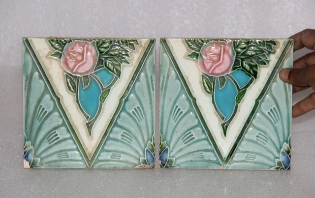 2Pc Vintage Fine Colourful Rose Flower Embossed Ceramic Tile Décor, JAPAN 14360