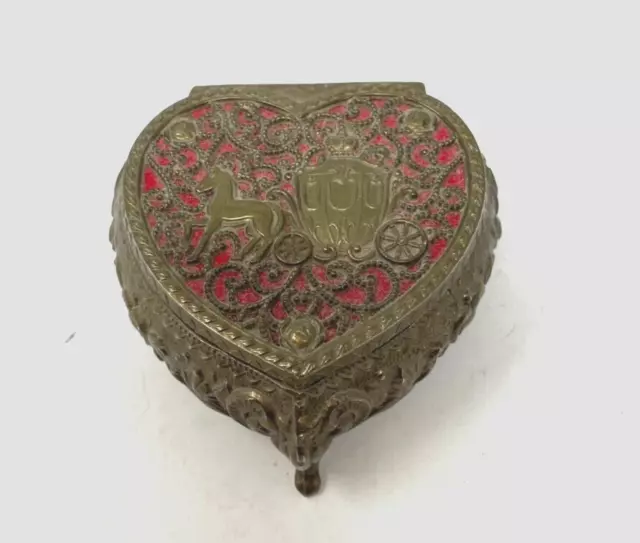 Vintage Heart Shape Trinket Box Queen Horse Carriage Japan Brass Cinderella