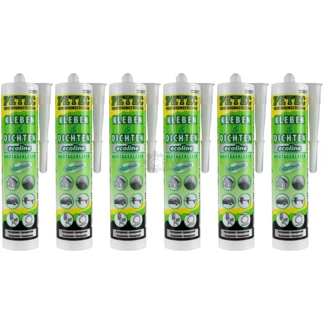 6x Petec Attaccarecolla & Guarnizione Colla-Montaggio Ecoline Trasparente 290ml