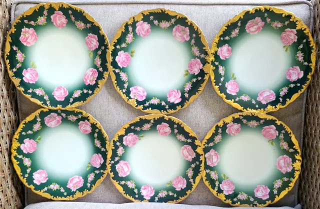 T&V Limoges Set Of 6 Plates Heavy Gold Hand Painted Drop Rose Garland