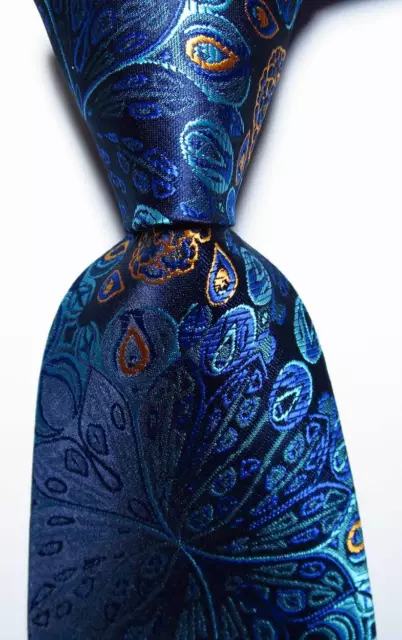 New Classic Floral Paisley Dark Blue Brown JACQUARD WOVEN Silk Men's Tie Necktie