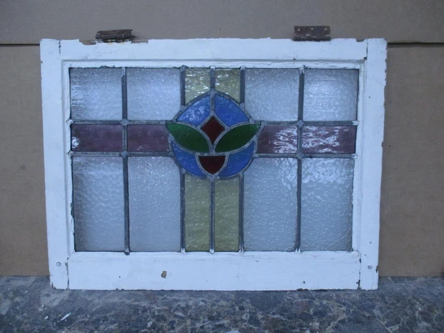 MIDSIZE OLD ENGLISH LEADED STAINED GLASS WINDOW Pretty Floral 24.5" x 18.5"