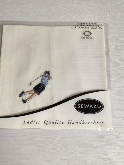 Vintage New Seward Handkerchief Golf Embroidered 100% cotton Collectable retro