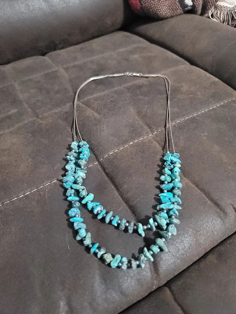 Vintage Sterling Silver 925 Blue Green Turquoise Nugget 2 Strand Necklace As-Is