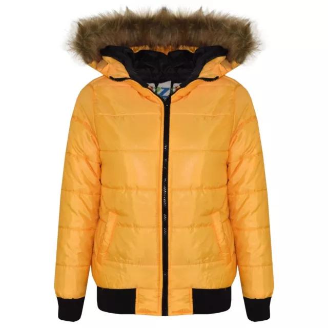 Kids Girls Jackets Mustard Maya Faux Fur Hooded Trendy Padded Puffer Coats 5-13Y