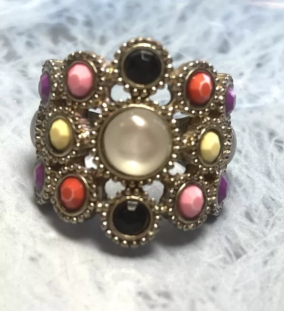 Vintage Silver tone Multi Colored Lucite Stone Statement Ring, Size 8.5