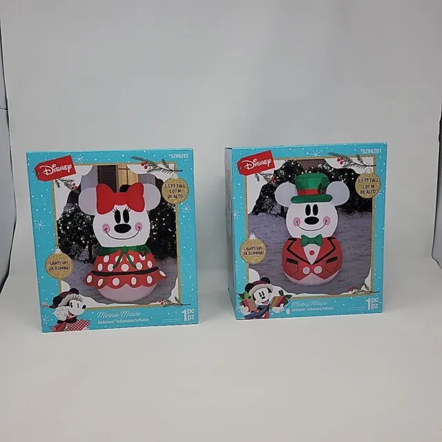Gemmy Disney Mickey & Minnie Mouse Navidad muñeco de nieve soplado por aire conjunto inflable