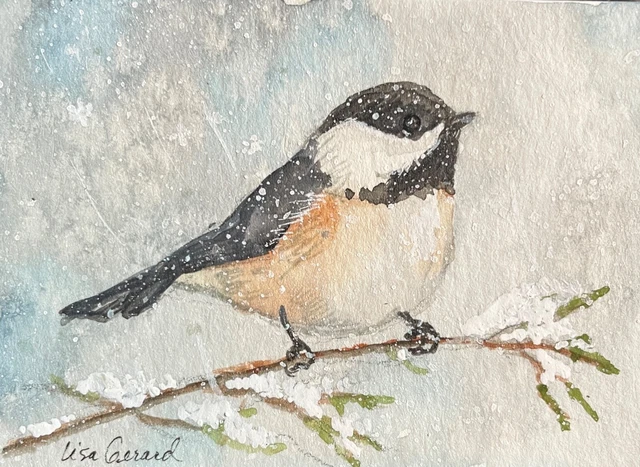 ACEO original watercolor. Chickadee snow day.  2.5 by 3.5 inches