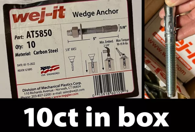 10ct Wej-It AT5850 5/8"x5" Carbon Steel High Performance Wedge Anchors, Silver