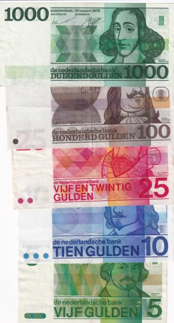 Lot 5 banknotes Netherlands Gulden 1968-1973 VF