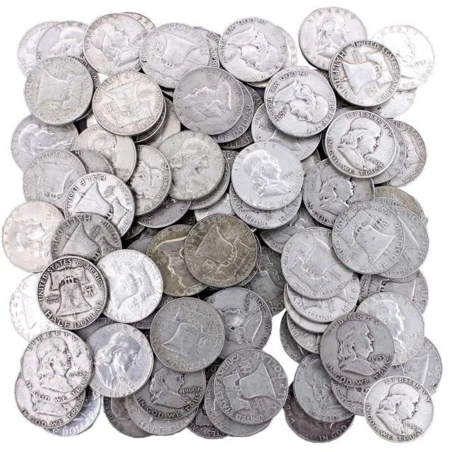 Franklin Half Dollar Lot 90% Silver $50 Face 100 US Coins Circulated Mixed Date