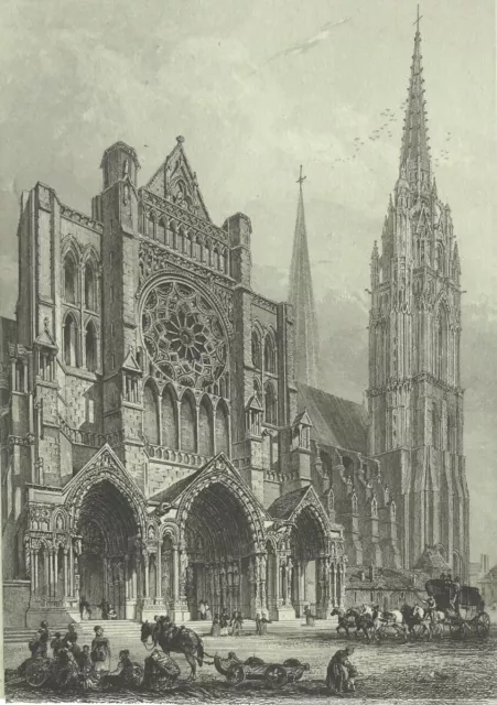 FRANCE: Carrosses devant la Cathédrale de CHARTRES au 19eme siècle-Gravure du 19