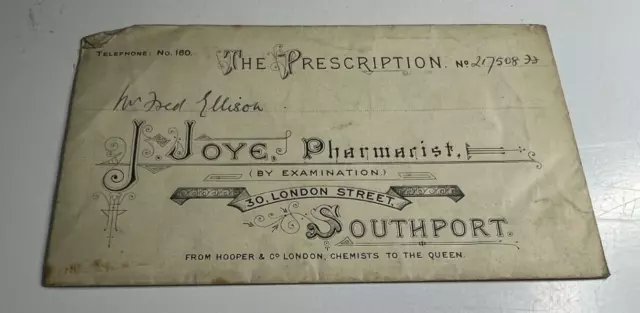Antique Prescription Envelope  J Joye Pharmacist London St Southport
