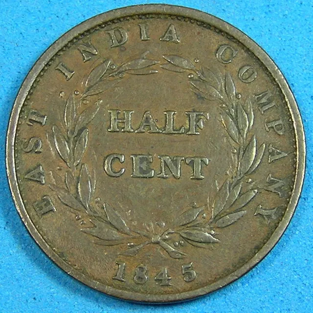 1845 Straits Settlements East India Company 1/2 Cent Copper Coin, KM-2