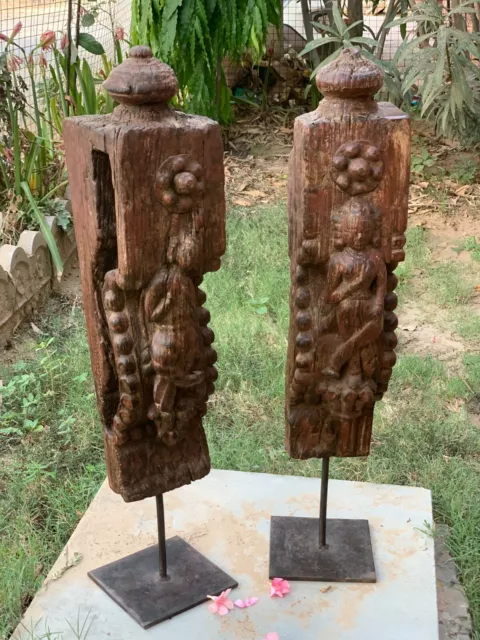 Antique wooden carved plaque female statues old set of 2 panels on iron stand