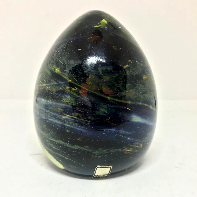 Mdina Art Glass Paperweight / Green & Blue Signed w Sticker