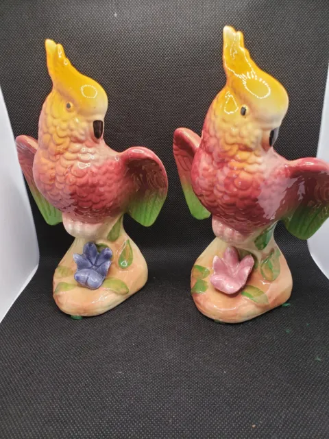 Vtg (2) Royal Copley Ceramic Cockatoo Bird Figurines in Rich Plum, Gold & Green
