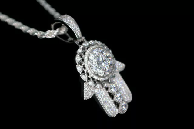 Hamsa Hand Pendant with Necklace 925 Silver Rope Chain Micro Pave Stones NEW