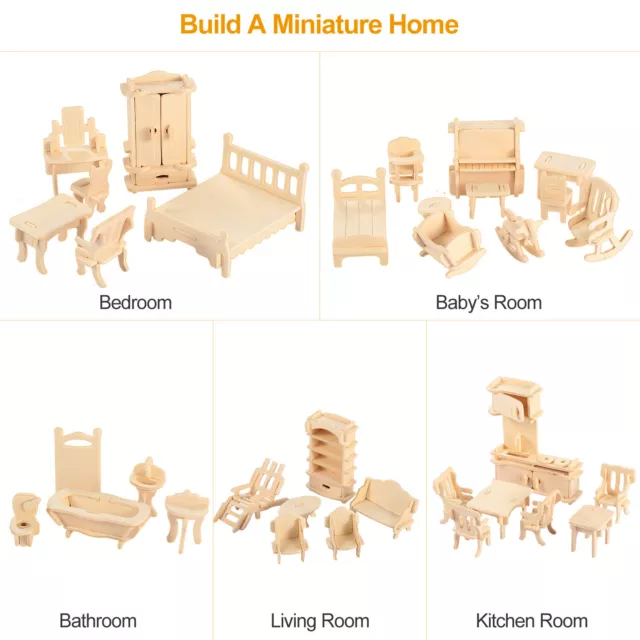 3D Wooden Dollhouse Furniture Puzzle DIY House Room Miniature Model Set Kid Gift