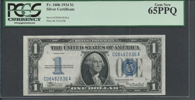 Fr. 1606 1934 $1 Silver Certificate CA block PCGS 65 PPQ