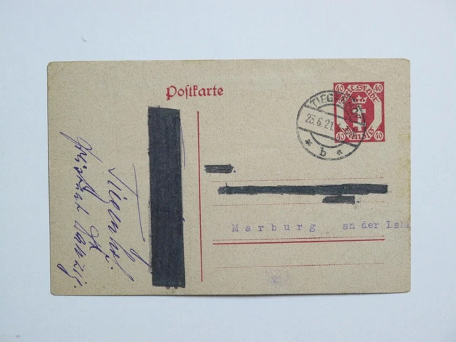 (t628) Danzig Ganzsache P 12  von Tiegenhof 23.6.1921 nach Marburg