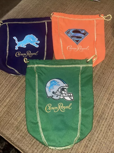 NFL Detroit Lions 3 Bag Set Of Logo’d CROWN ROYAL BAG  1 Liter 9X7