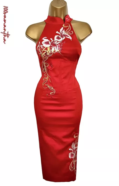 Karen Millen Size UK 12 VINTAGE ORIENTAL CORSET EMBROIDERED PENCIL DRESS RED