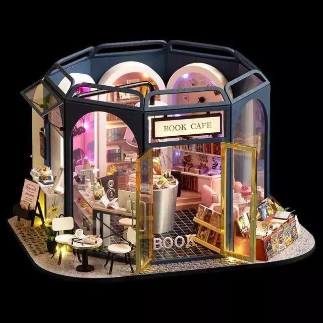 Cosy Reading Book Cafe House DIY Miniature Led Light Wooden Shop Dollhouse Gift